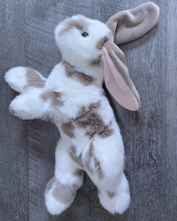 Realistic fluffy white bunny with gray spots weighted stuffed animal in a floppy laying position.  Soothes anxiety, autism, ADHD, PTSD