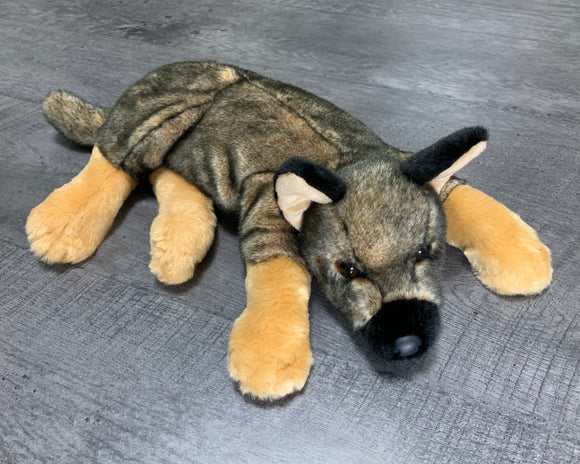 Black and tan german shepherd weighted stuffed animal in a floppy laying position, for autism, anxiety, ADHD, Alzheimers, Sensory soothers.